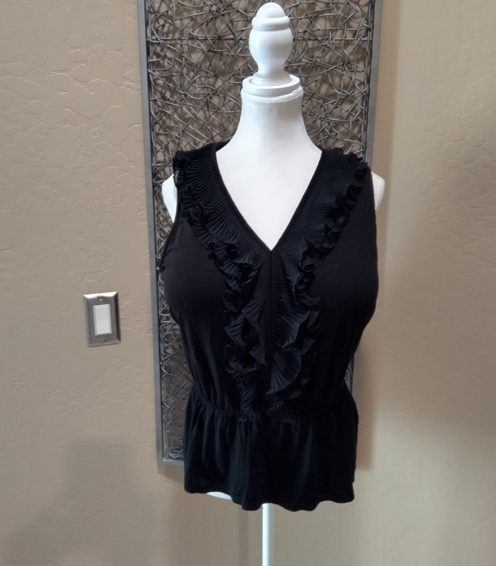 White House Black Market Black Ruffle V-Neck Sleeveless Peplum Top
